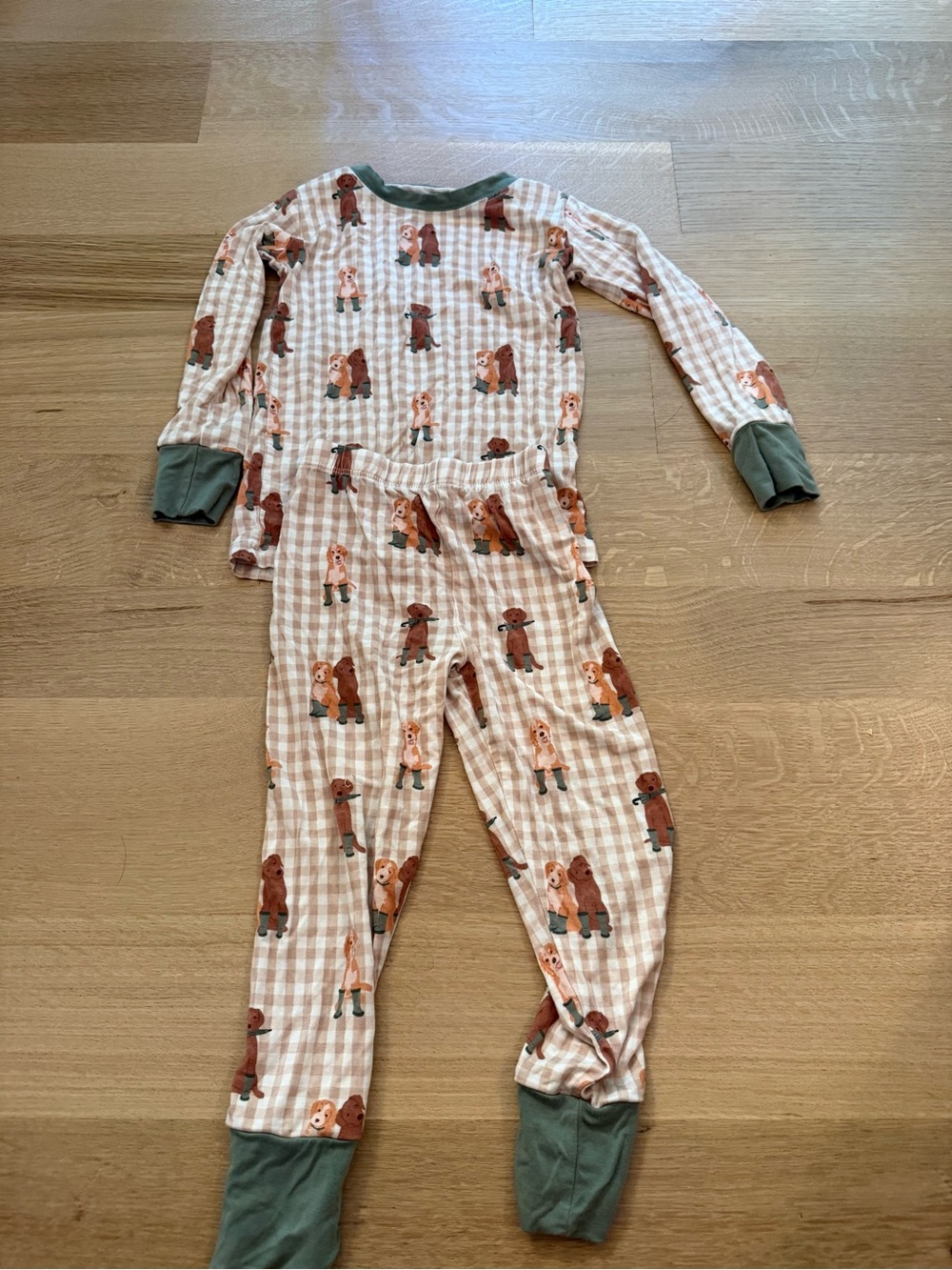 Kids Beige Gingham Dog Print Pajama Set with Green Trim